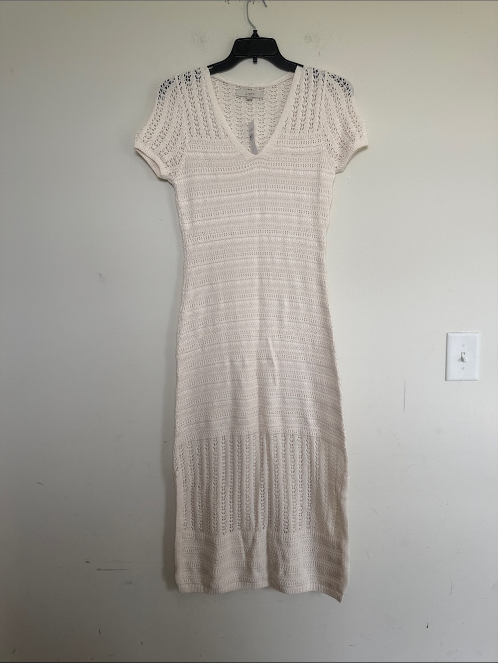 LOFT Cream Knit V-Neck Short Sleeve Midi Dress